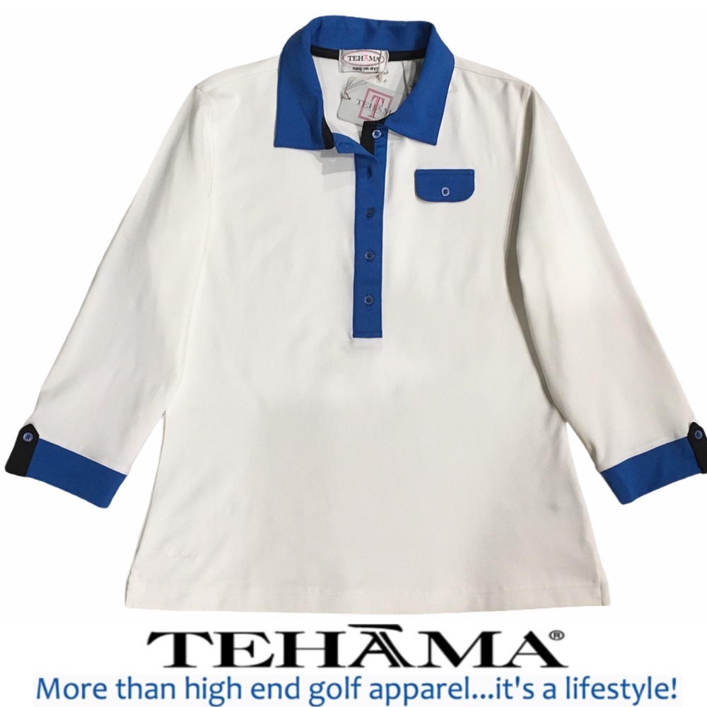Tehàma High End Performance Golf Polo, White w/ Blue, 3/4 Sleeve, Sz M, NWT